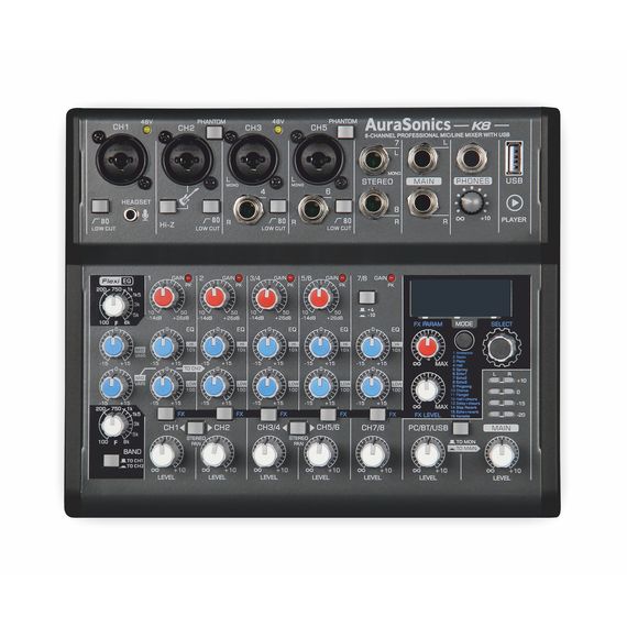 AURASONICS K8 компактный микшерный пульт 2 мик.+2мик.моно/линейных стерео+1 лин.стерео+FXстерео