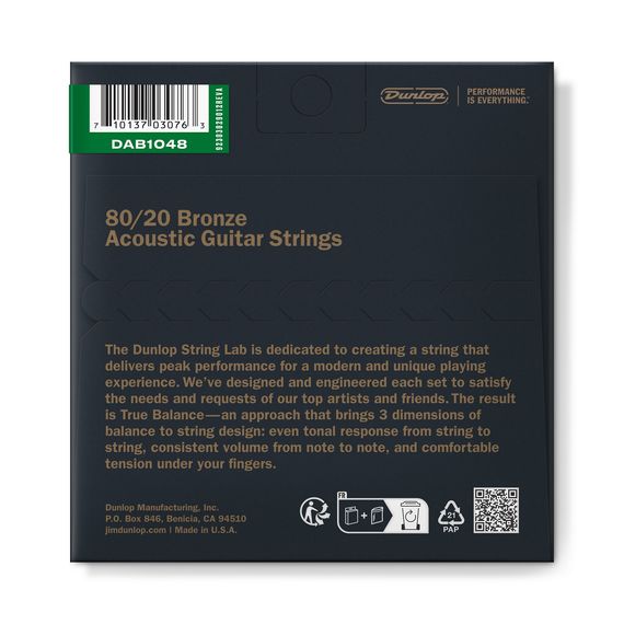 DUNLOP DAB1048 Струны для акустической гитары,Комплект, бронза 80/20, Extra Light,10-48