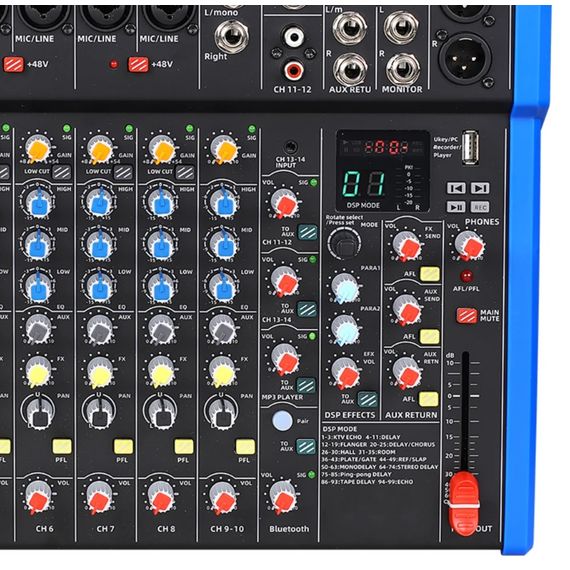 BG B828DSP Пульт микшерный, 8 моно, 1 стерео, 1AUX, DSP процессор 24bit/48KHz, USB MP3 плеер, BT