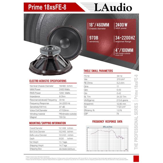 LAUDIO Prime-18xsFE-8 Динамик 18", 1200Вт, 8 Ом