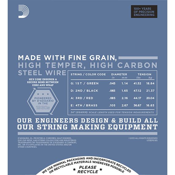 D'ADDARIO EPS165 ProSteels Комплект струн для бас-гитары, Custom Light, 45-105, Long Scale