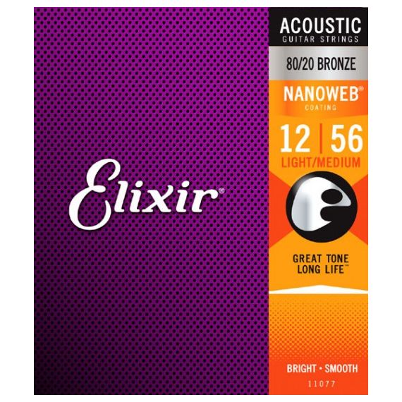 ELIXIR 11077 NANOWEB Комплект струн для акустической гитары, Light-Medium, бронза 80/20, 12-56